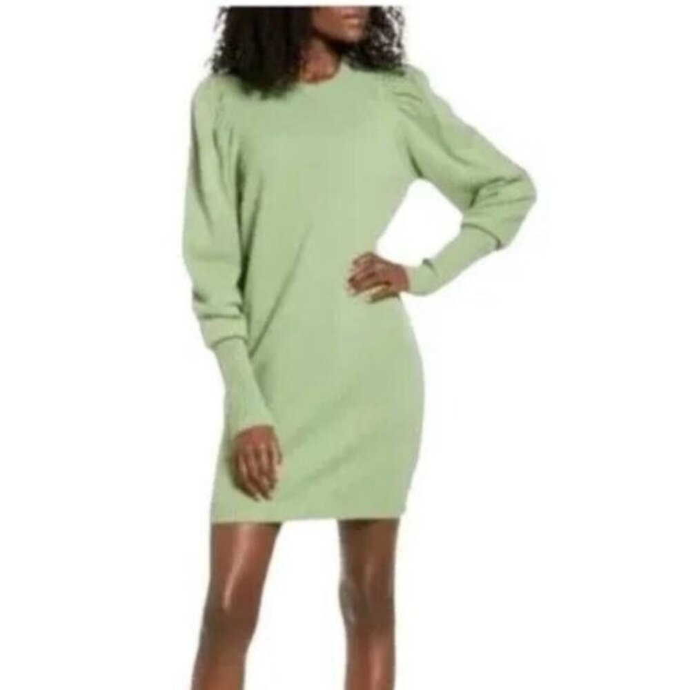 Wayf Sage Green Puff Long Sleeve Knit Sweater Dress Crew Neckline Size S